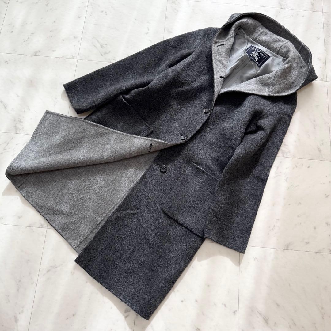 【美品】BURBERRY バーバリー リバーコート ロング フード グレー