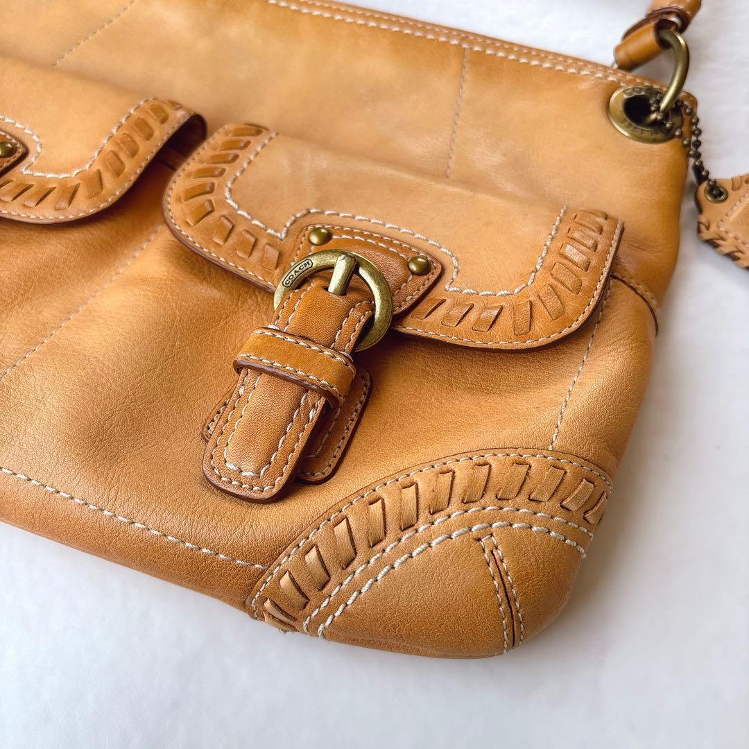 COACH ダブルポケット 本革 ショルダーバッグ キャメル 2way