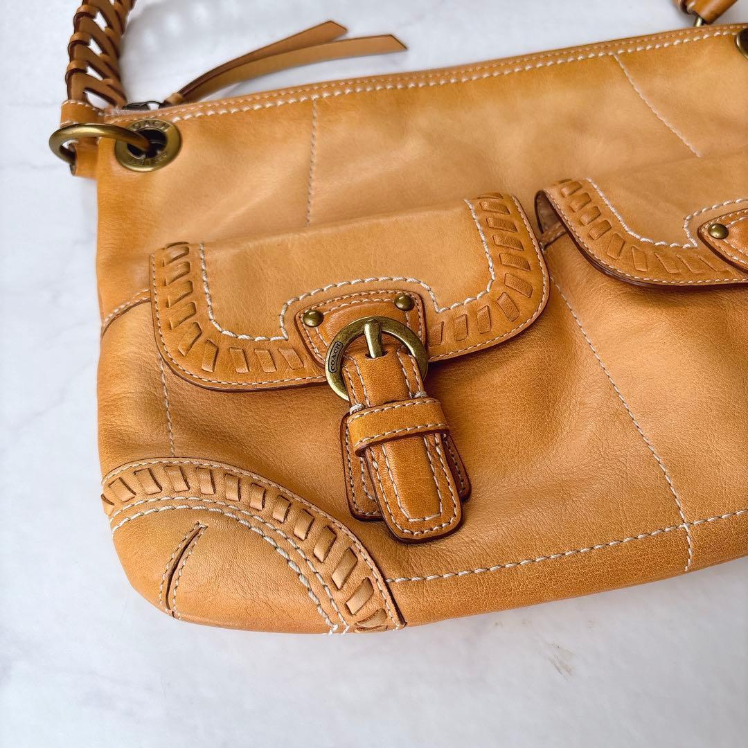 COACH ダブルポケット 本革 ショルダーバッグ キャメル 2way
