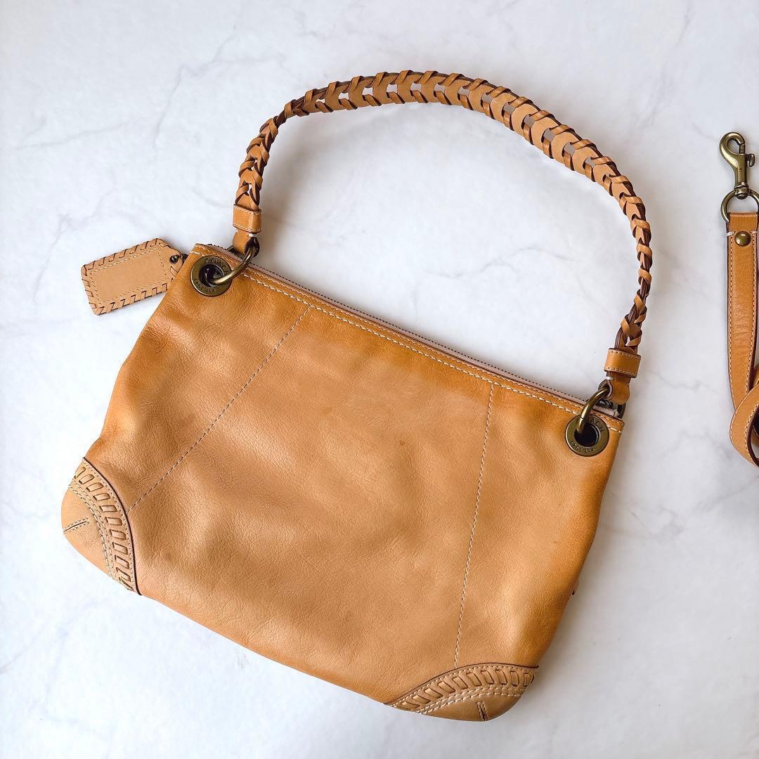 COACH ダブルポケット 本革 ショルダーバッグ キャメル 2way