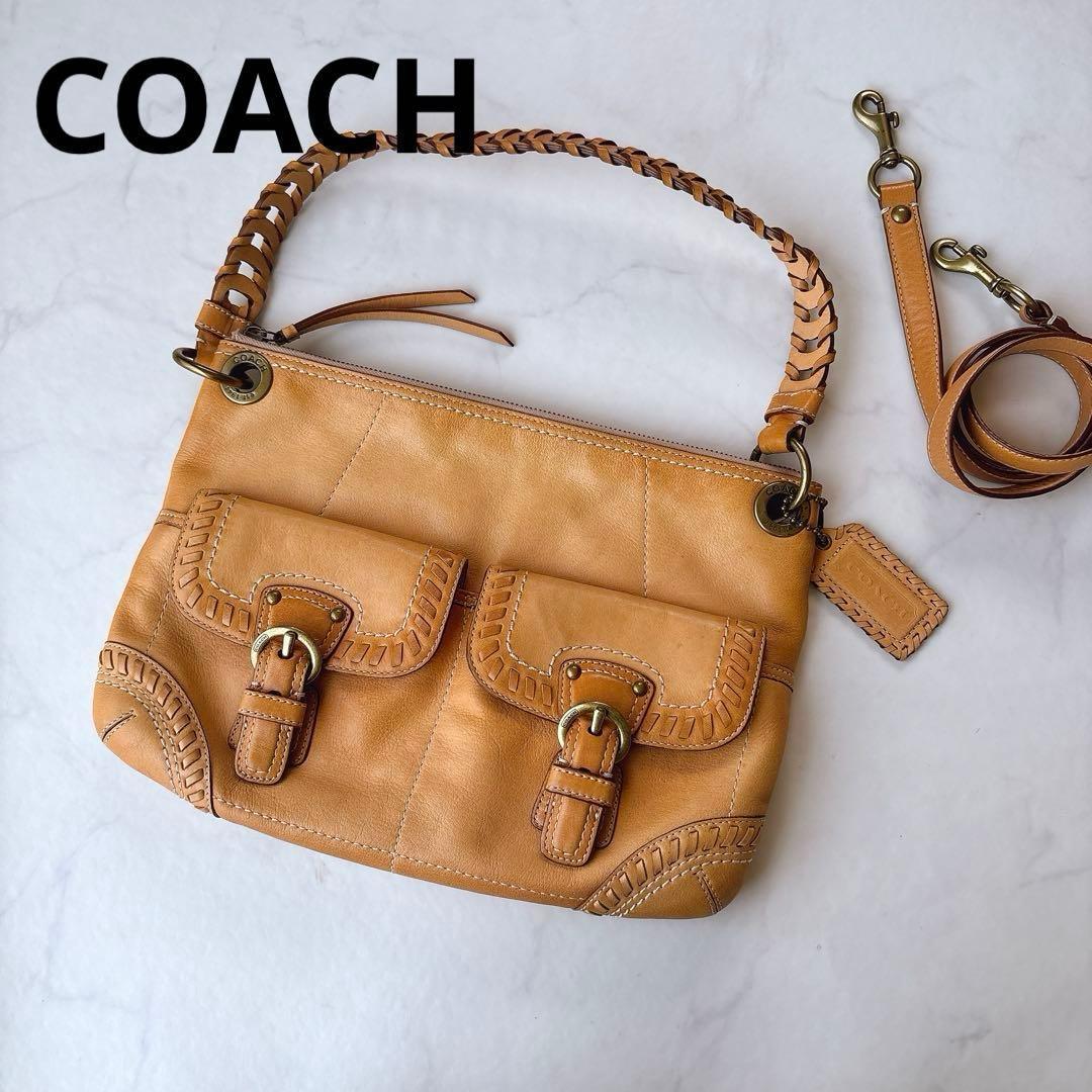 COACH ダブルポケット 本革 ショルダーバッグ キャメル 2way