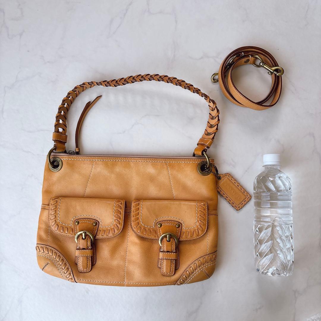 COACH ダブルポケット 本革 ショルダーバッグ キャメル 2way