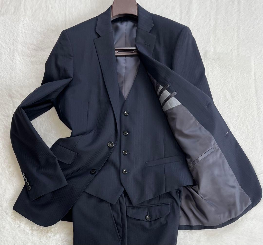 【希少】2WAYストレッチ　スーツ　セットアップ　スリーピーススーツ ストライプ