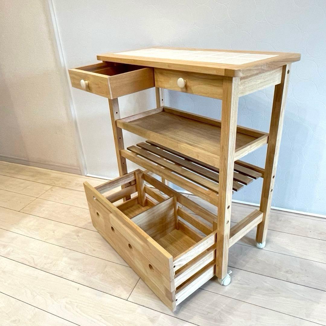 【美品】 タイル天板 木製キッチンワゴン キャスター付 北欧 収納棚 カントリー