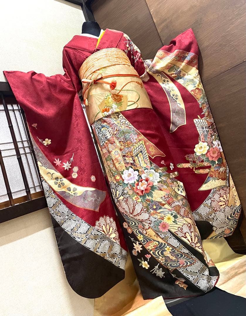 振袖フルセット6点M〜Lサイズ御所車花文　正絹　売り切り終了