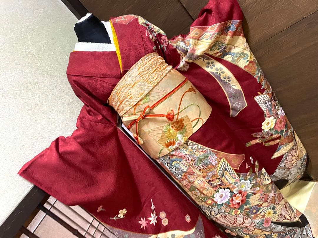振袖フルセット6点M〜Lサイズ御所車花文　正絹　売り切り終了