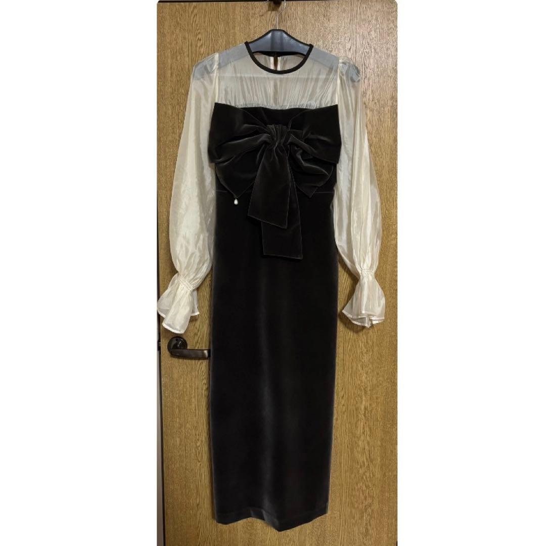 CHICO オケージョン 配色シアーリボンベロアワンピース チャコールグレー