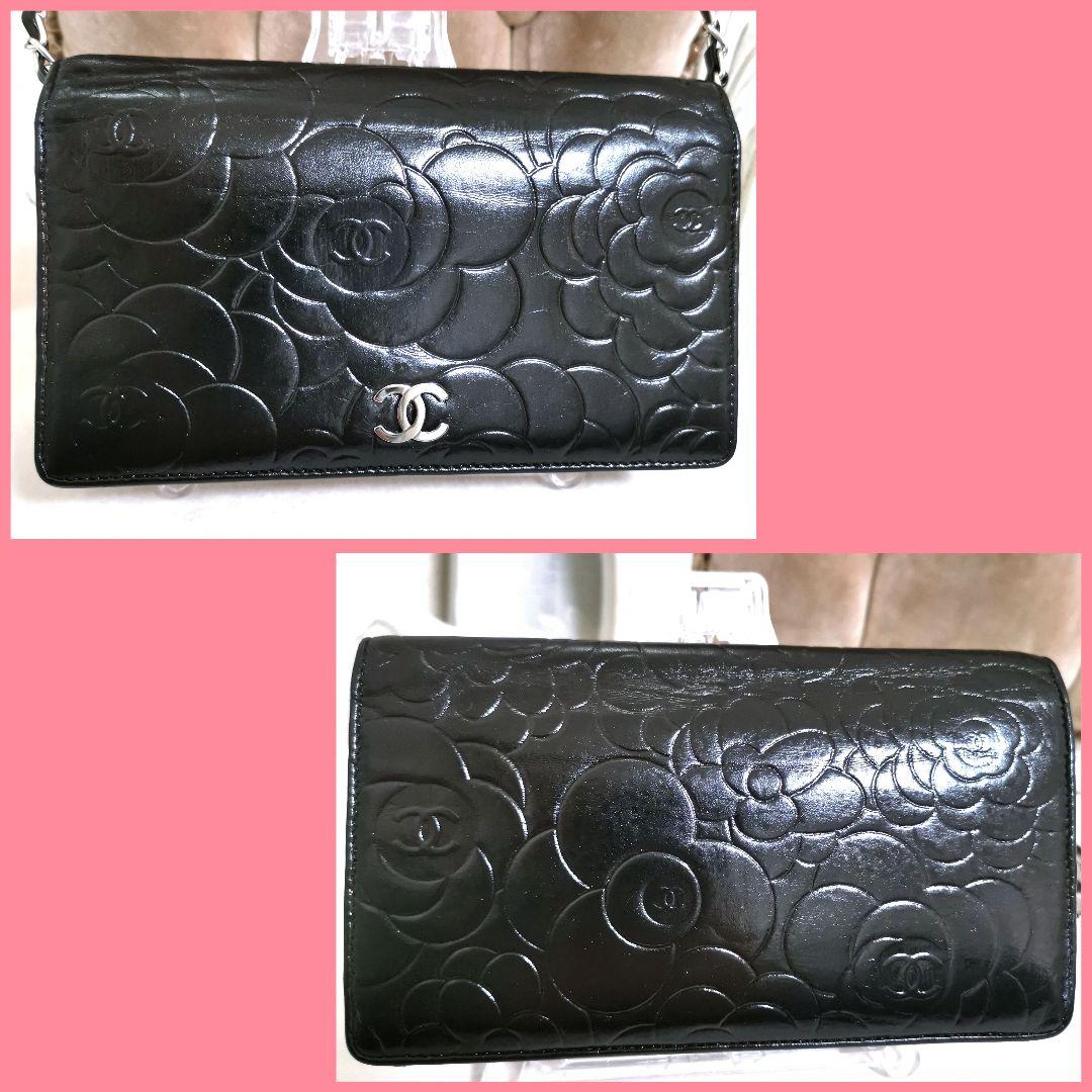 【美品】シャネルCHANELカメリア長財布 黒 新品ショルダー付!鑑定済!