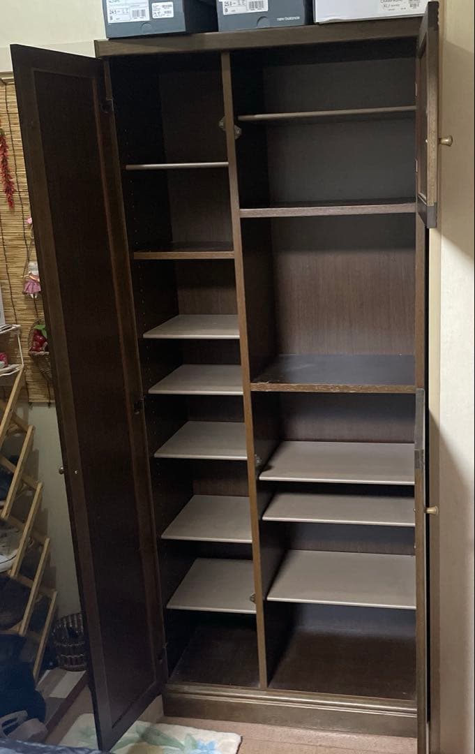 鏡付き　シューズラック　ブラウン