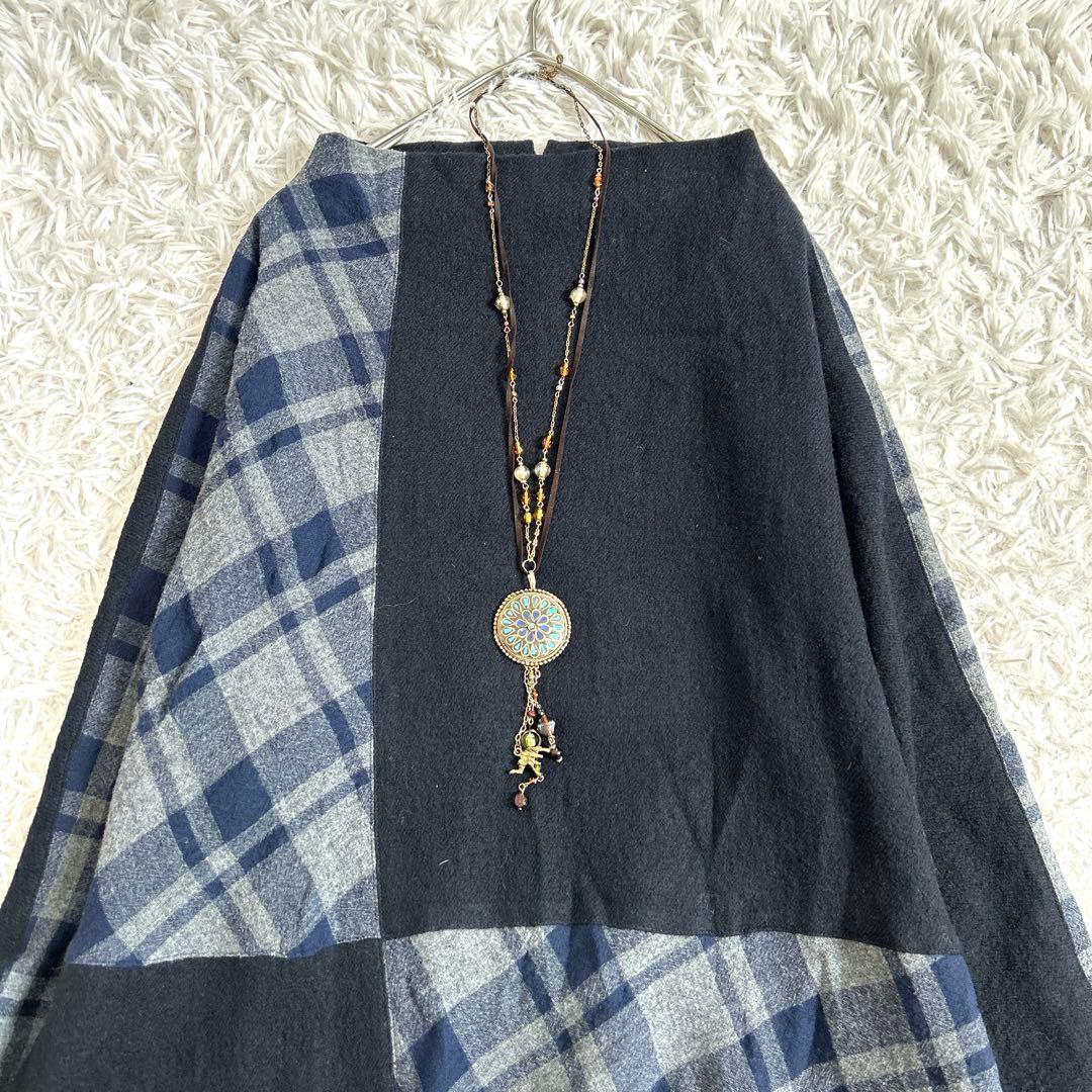 美品⁂センソユニコ⁂ロングバルーンワンピース　チェック切り替え　ボートネック　M