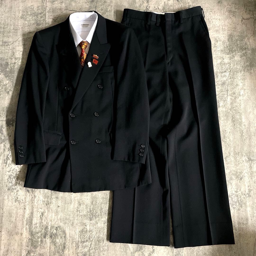 極美品 Apollo特注 極上ブラックウール ダブルスーツ 黒艶 セットアップ