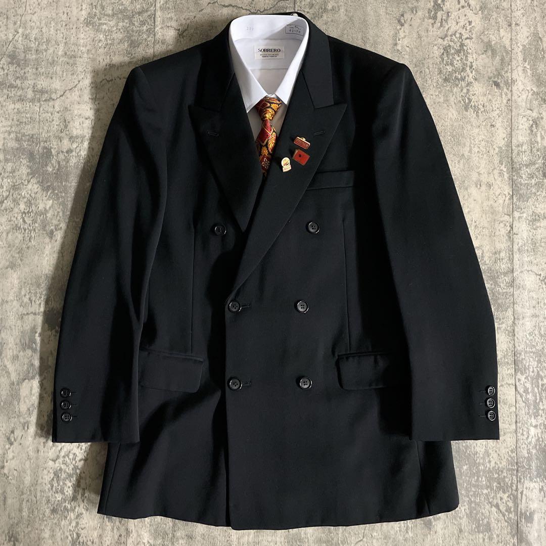 極美品 Apollo特注 極上ブラックウール ダブルスーツ 黒艶 セットアップ