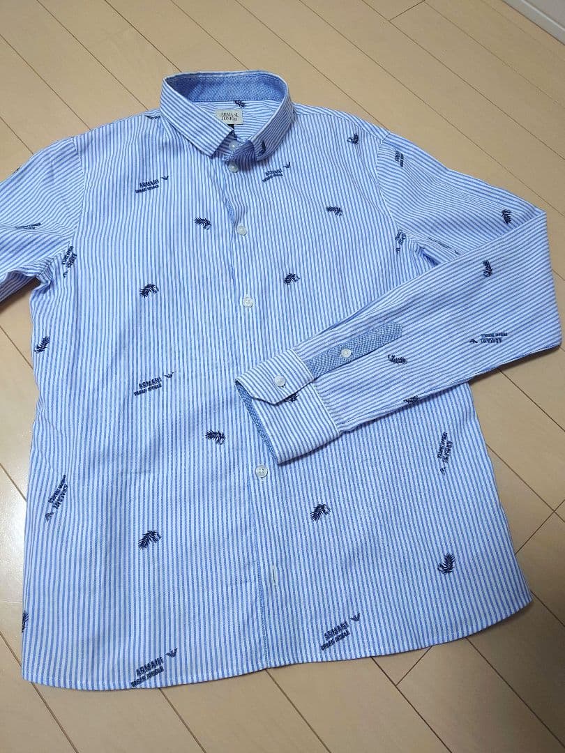 美品 アルマーニジュニア 16A ブルー ストライプ長袖シャツ
