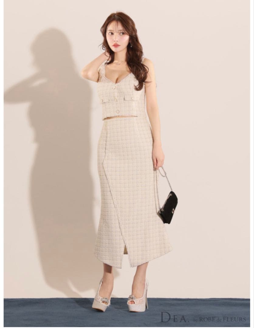 秋冬　Lサイズ　ツイードセットアップマーメイドミディキャバドレス(DE3273)