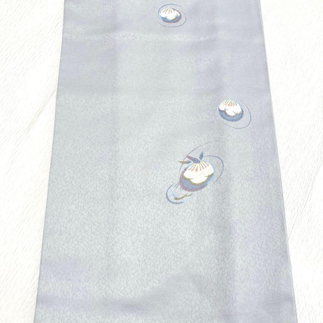 【良品✨】東レシルック　洗える着物　飛び柄小紋　氷割れ地紋　梅に笹　淡い灰青G6