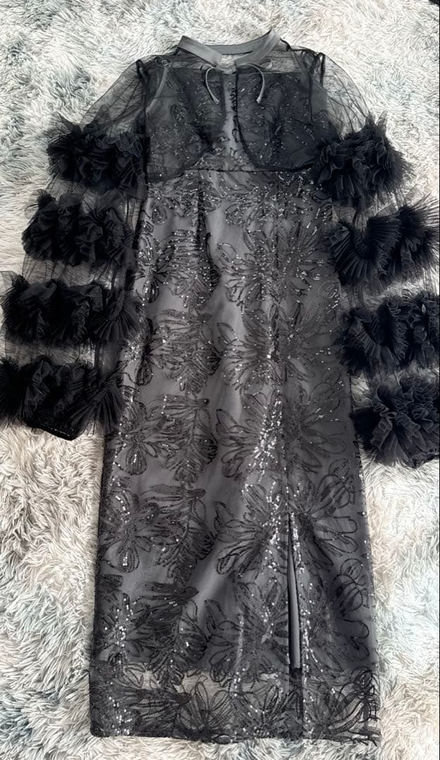 LEJA 新品タグ付　フリルチュールスリーブリボンIラインワンピースドレス