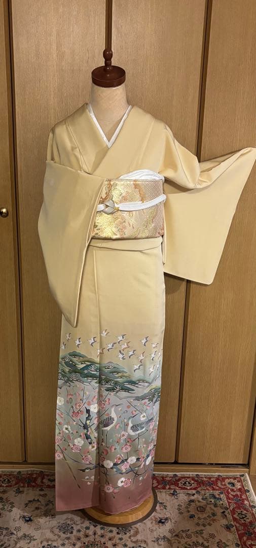 上質な加賀調　手描き友禅　作家物 三つ紋　【丸に橘】花鳥　松梅鳥文様　お手入れ済