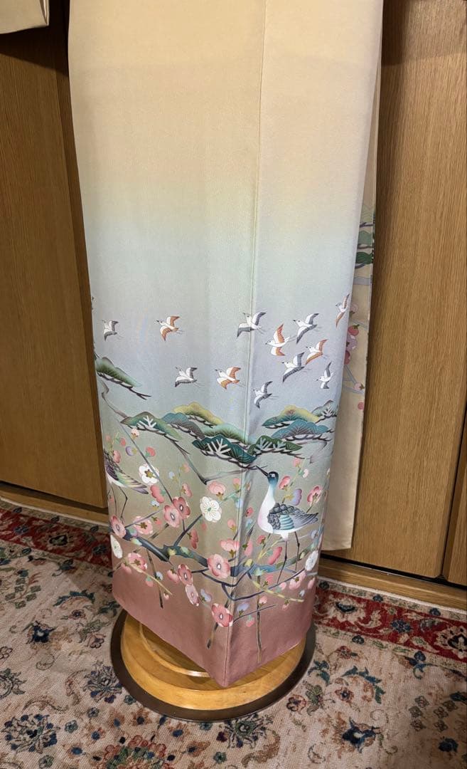 上質な加賀調　手描き友禅　作家物 三つ紋　【丸に橘】花鳥　松梅鳥文様　お手入れ済