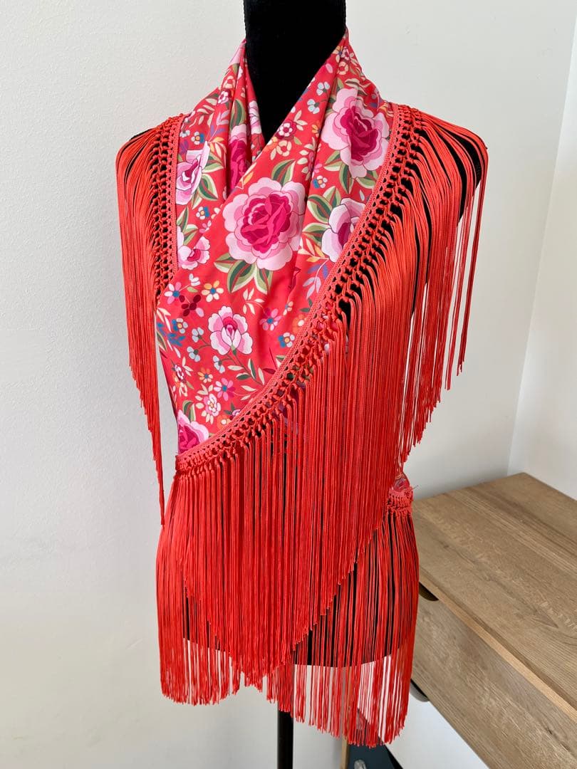 フラメンコ　マントンシージョ　コーラルxマントン風花柄　コーラルフレコ