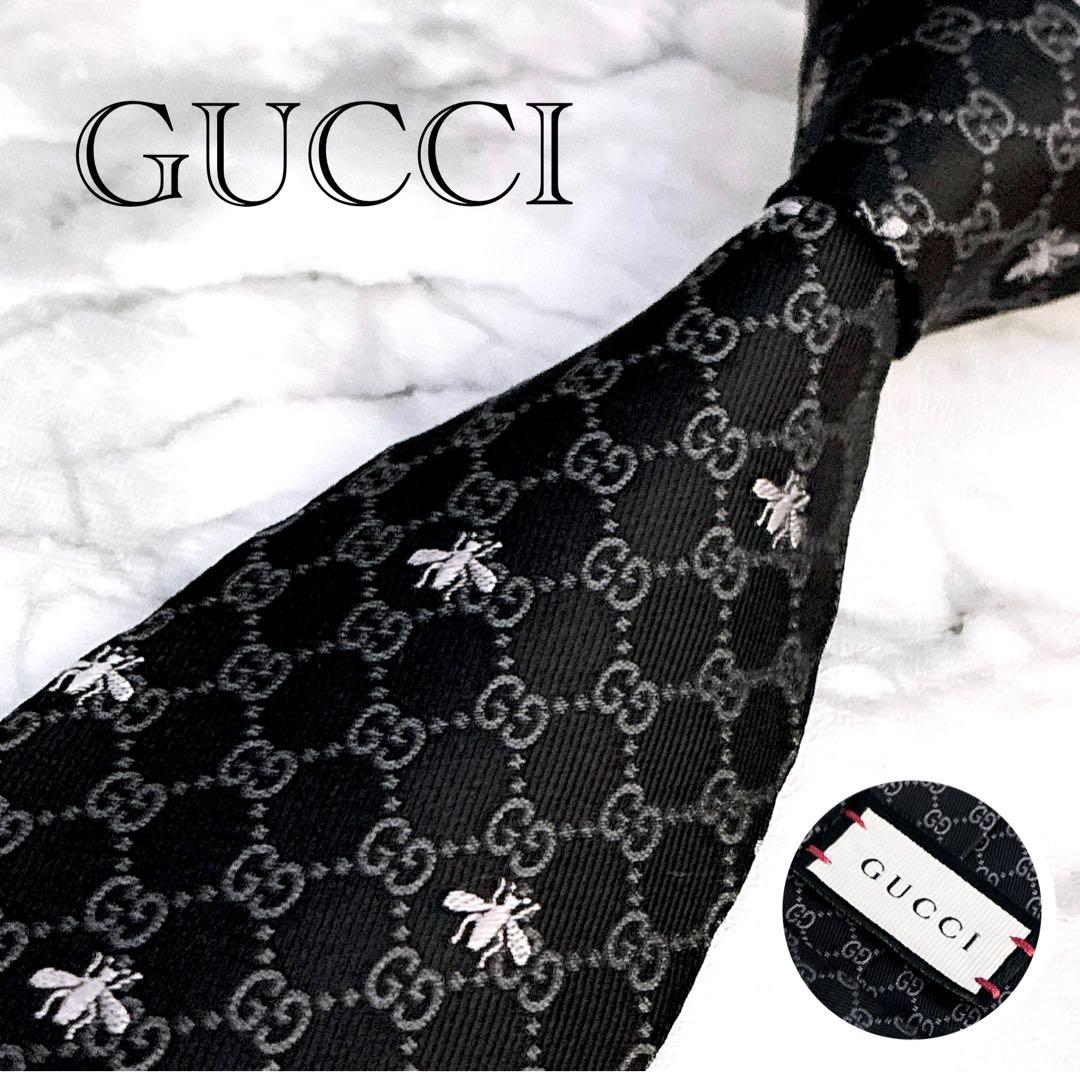 ✨未使用キレイ✨GUCCI 現行　GG柄　蜂　総柄　ブラック　ネクタイ