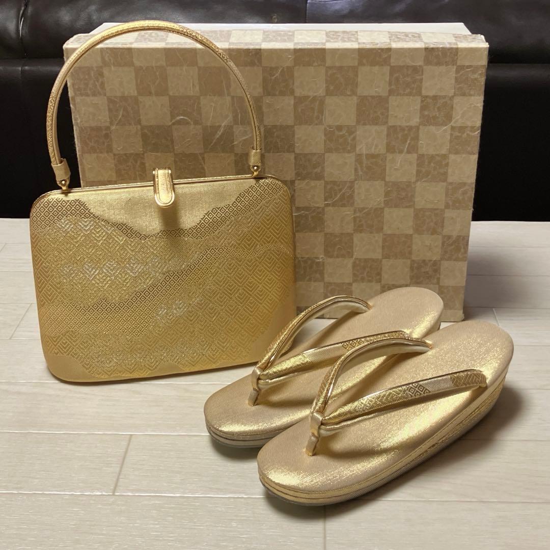 《美品・箱付き》東京胡蝶　草履バッグセット　帯地　ゴールド　二石草履フォーマル