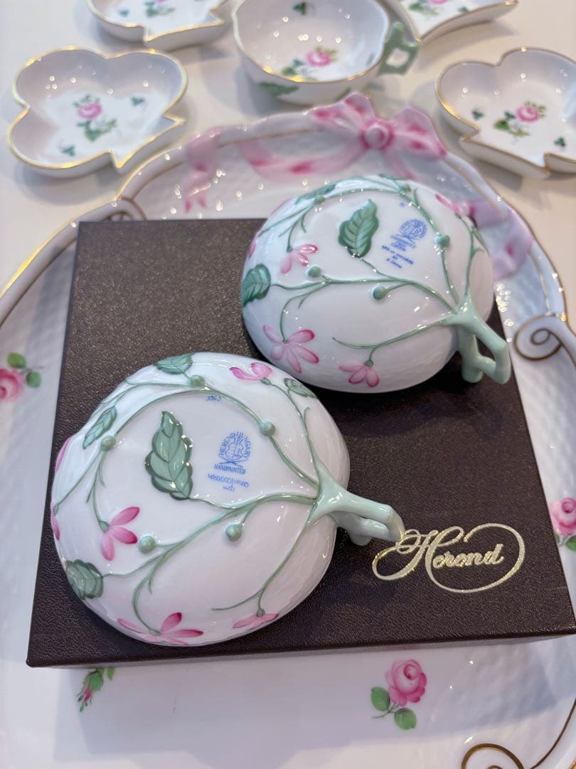 ヘレンド　ウイーンの薔薇シンプル　ピーチ　　ディッシュ 2点セット