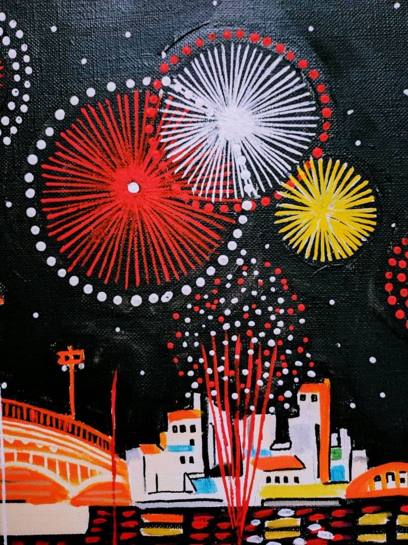 【F6号】山下清【両国の花火】手描き/表裏サイン・共シール有り/油彩/油絵/額縁