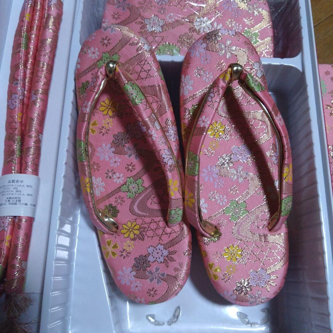 美品★七歳★ピンク 花柄★帯 はこせこ 草履 バッグ
