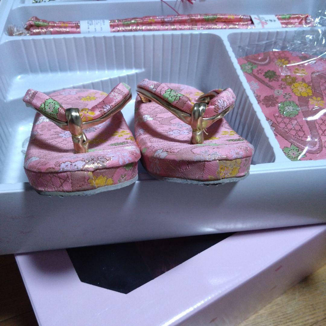 美品★七歳★ピンク 花柄★帯 はこせこ 草履 バッグ