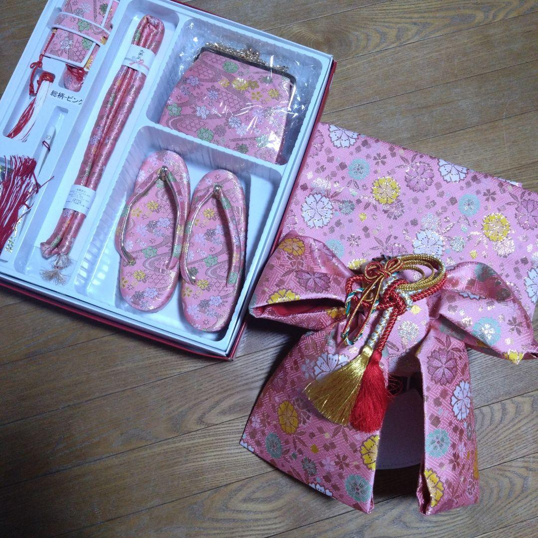 美品★七歳★ピンク 花柄★帯 はこせこ 草履 バッグ