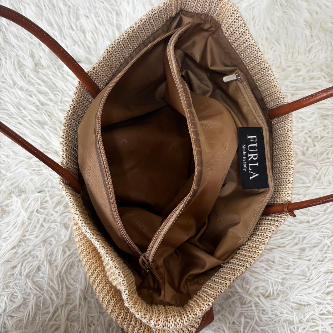 FURLA✨カゴバッグ　トートバッグ　 A4 PC 異素材　ベージュ　本革　麻