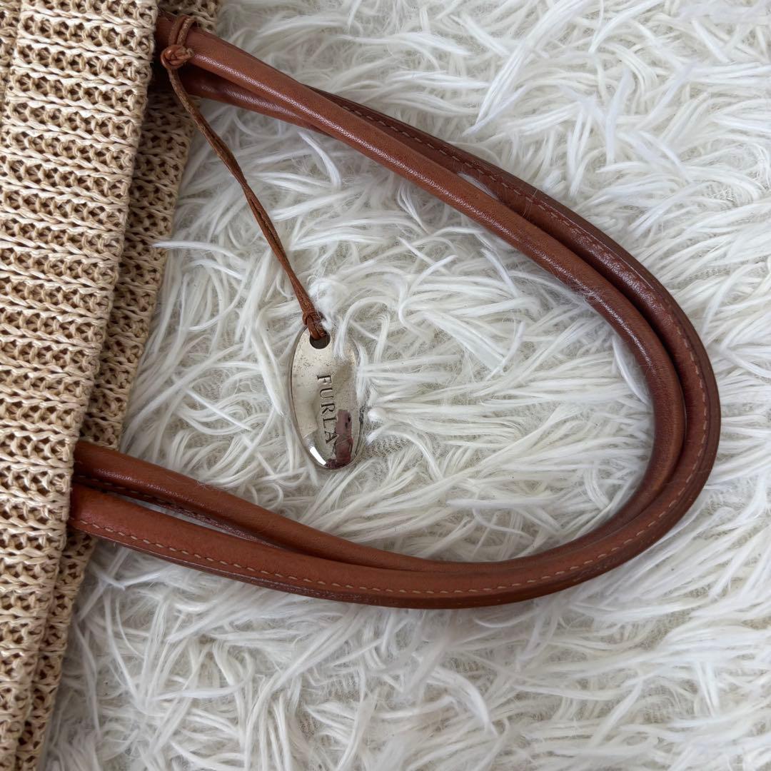 FURLA✨カゴバッグ　トートバッグ　 A4 PC 異素材　ベージュ　本革　麻