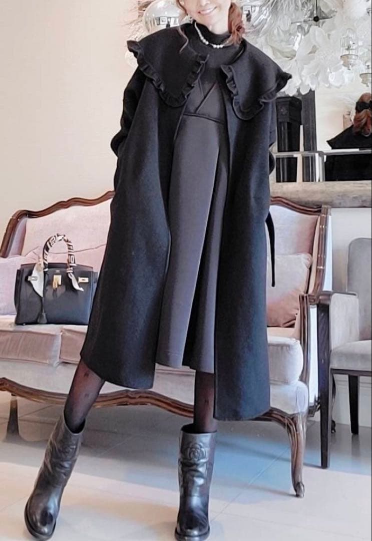 アンドラブ　クローゼット　&love closetフリル　コート　黒ブラック　S