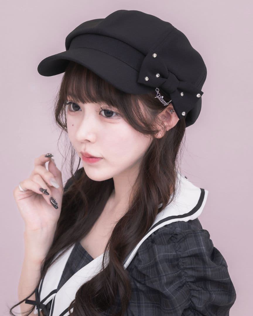 【新品】pium ビジューリボンキャスケット(ブラック)