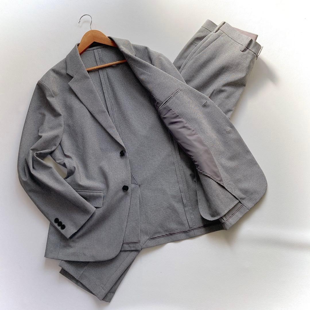 極美品 UNIQLO 感動スーツ セットアップ 千鳥柄 洗える グレー M