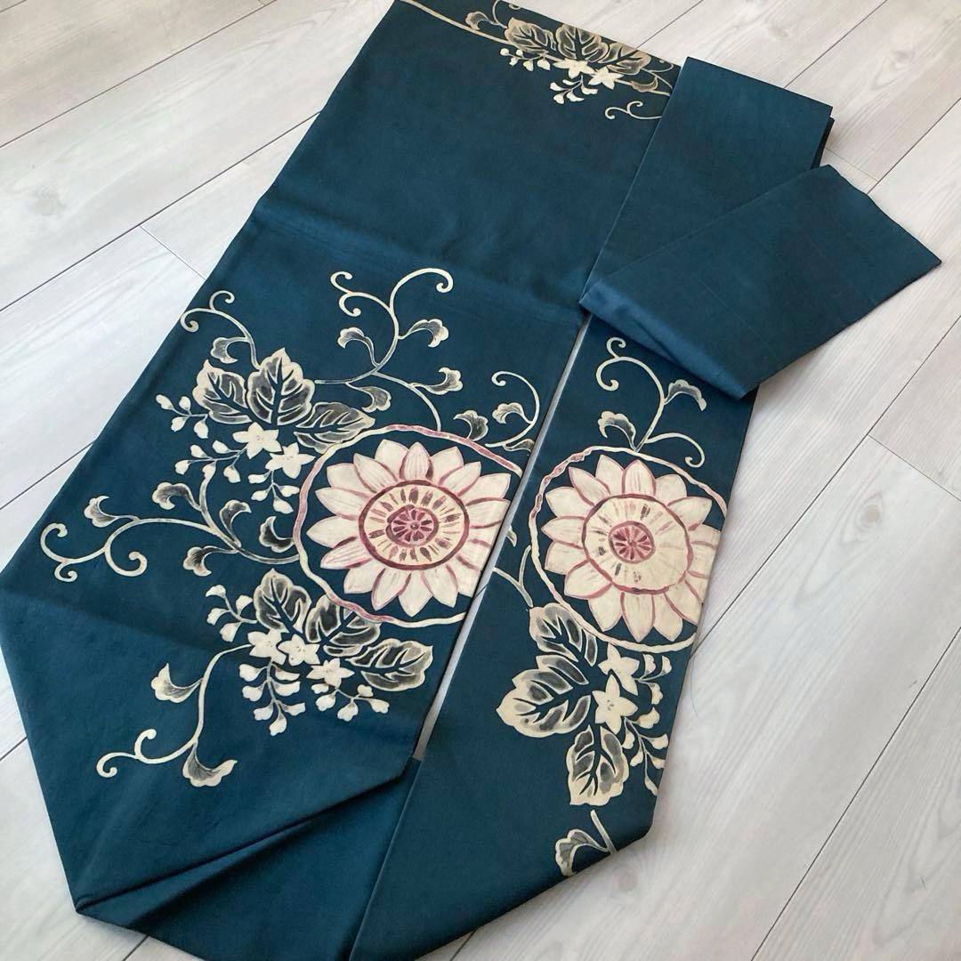 塩瀬の名古屋帯　レトロな向日葵　花唐草模様　上質　正絹　青緑　No2-22