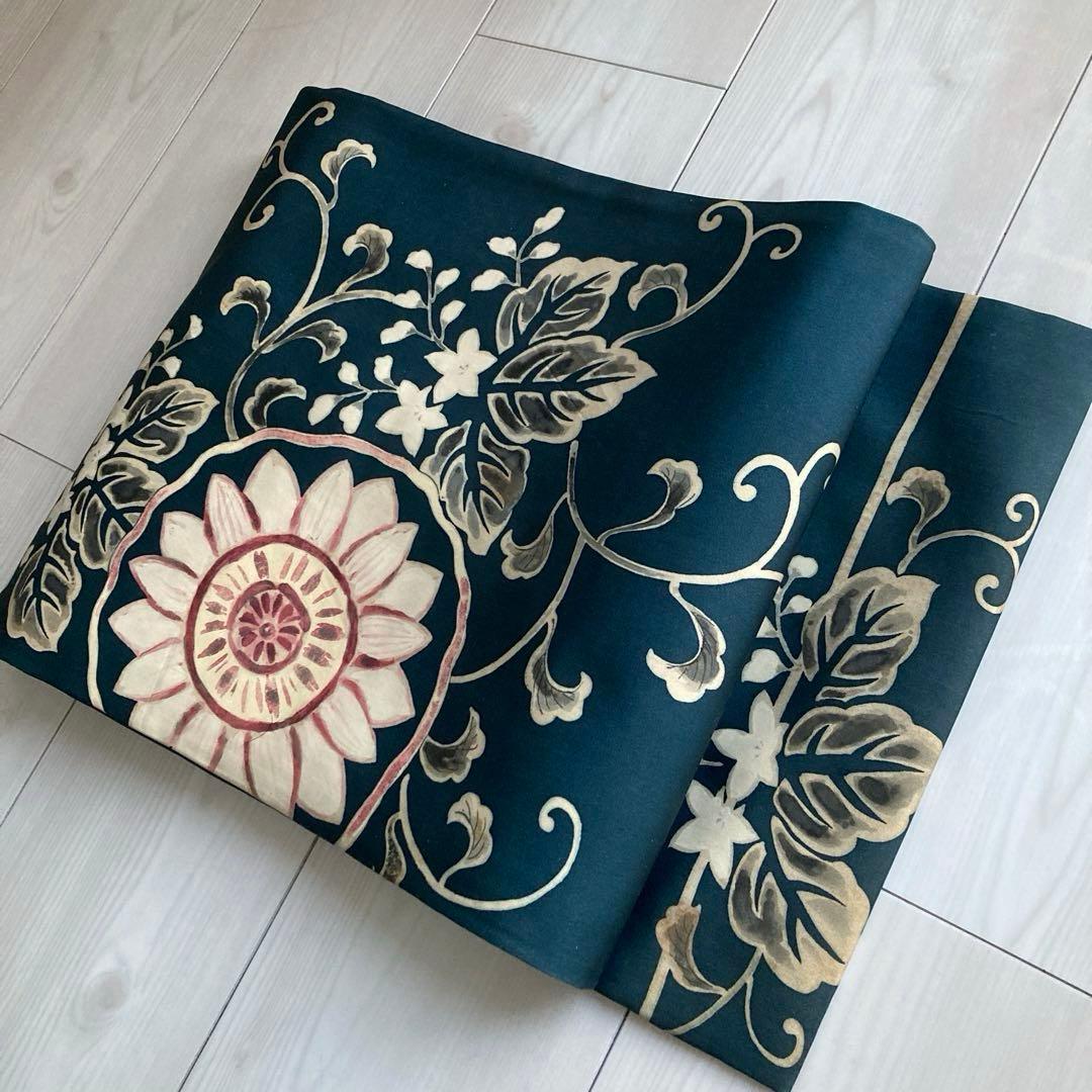 塩瀬の名古屋帯　レトロな向日葵　花唐草模様　上質　正絹　青緑　No2-22