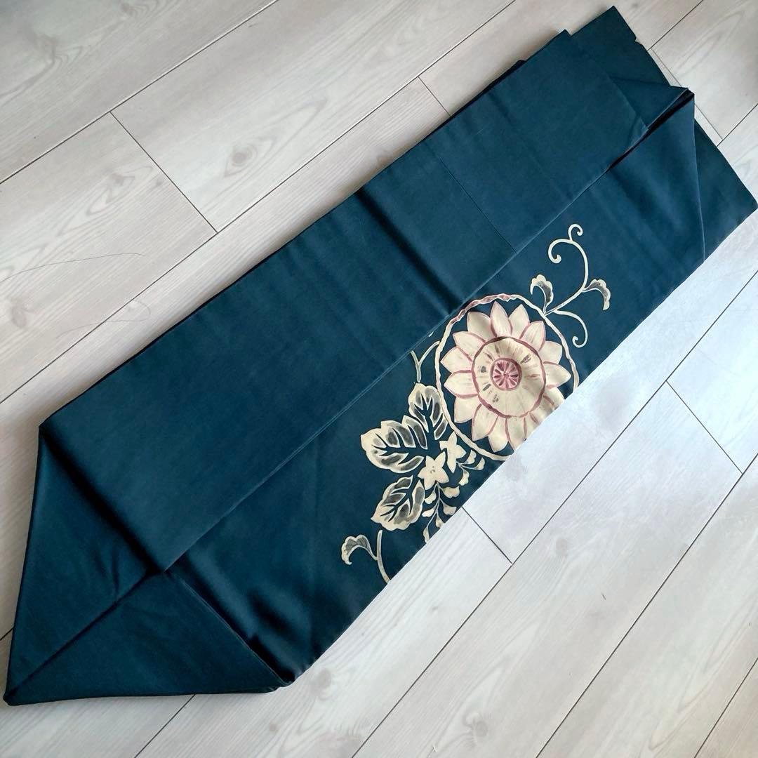 塩瀬の名古屋帯　レトロな向日葵　花唐草模様　上質　正絹　青緑　No2-22