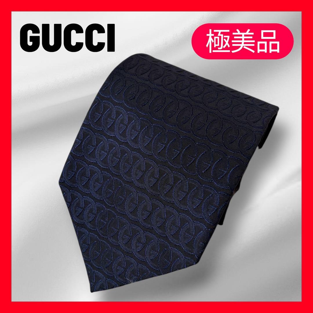 極美品✨GUCCI グッチ ネクタイ ネイビー 総柄 シルク100%通勤ビジネス