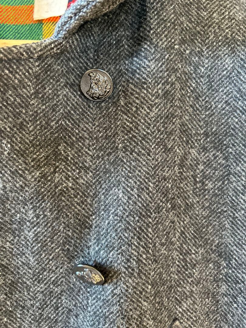 70s フレンチ ウール ヘリンボーン ハンティングコート ユーロ 動物ボタン