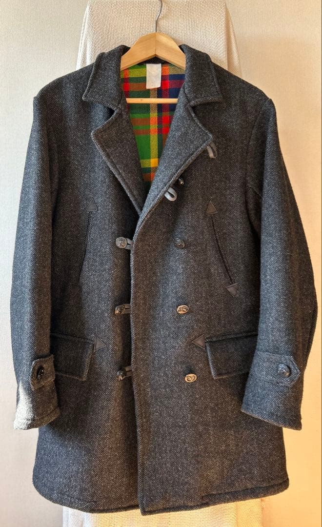 70s フレンチ ウール ヘリンボーン ハンティングコート ユーロ 動物ボタン