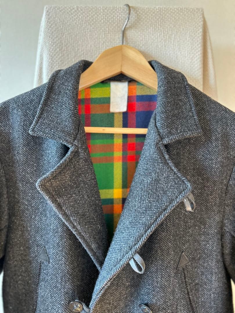 70s フレンチ ウール ヘリンボーン ハンティングコート ユーロ 動物ボタン