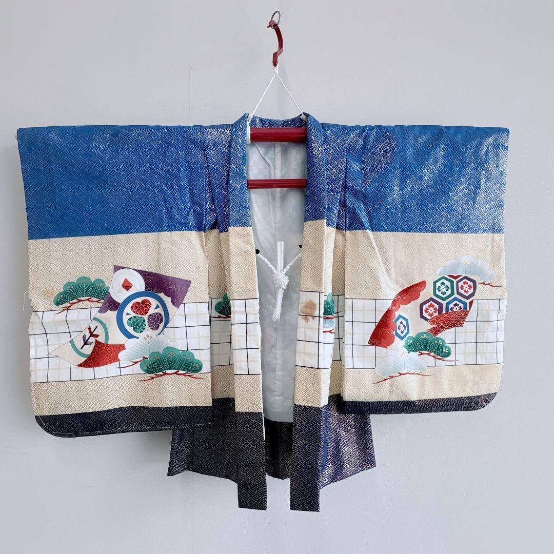 七五三　５歳男の子　羽織はかま袴　青系　鷹松紗綾形　ゴールド系　7275