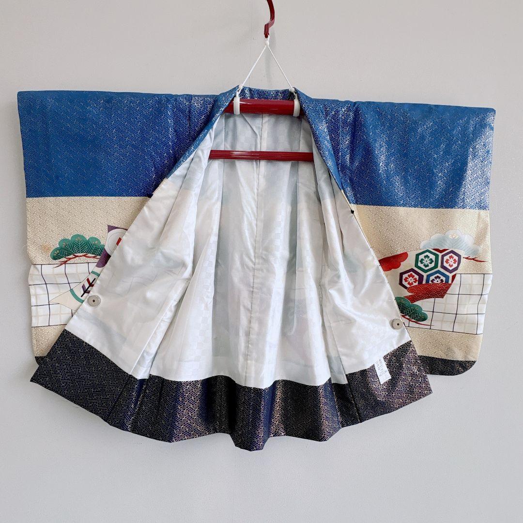 七五三　５歳男の子　羽織はかま袴　青系　鷹松紗綾形　ゴールド系　7275