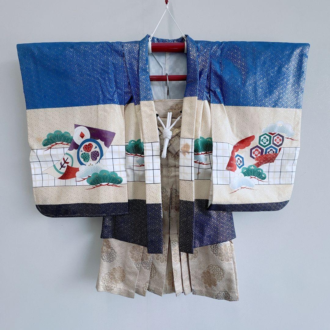 七五三　５歳男の子　羽織はかま袴　青系　鷹松紗綾形　ゴールド系　7275