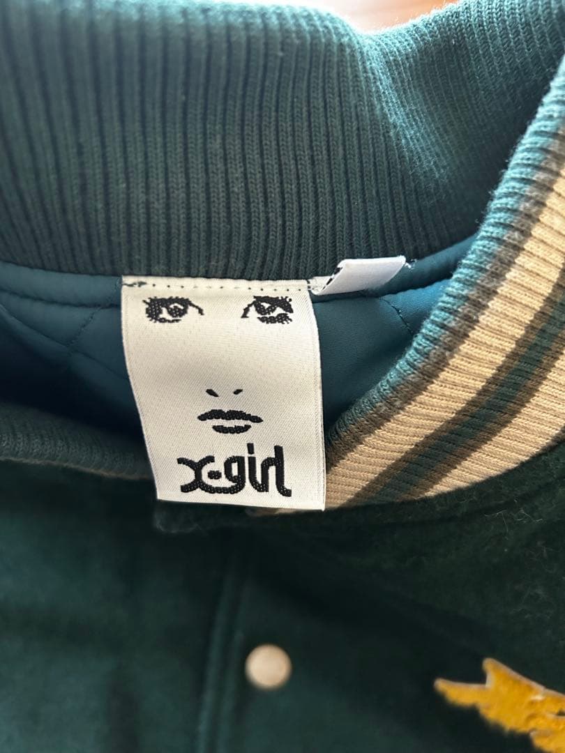 X-girl フェイクレザースタジャン ダークグリーン/ホワイト　Mサイズ