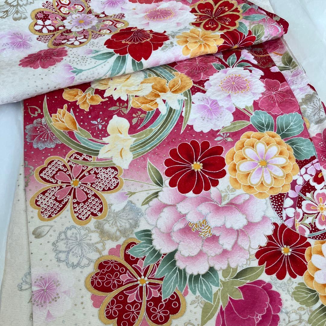 振袖セット 古典柄 花尽くし 赤ぼかし 成人式 前撮り　正絹