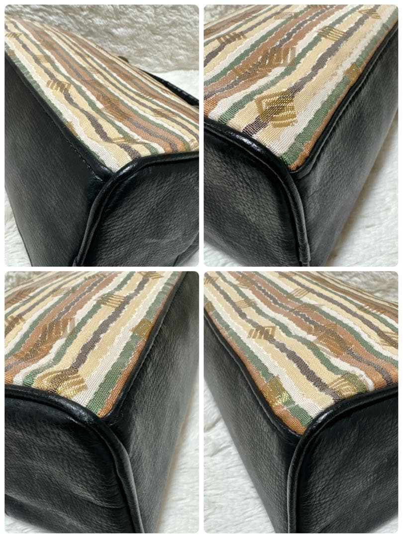 【美品】利休　和装用バッグ ストライプ模様 木製ワンポイント