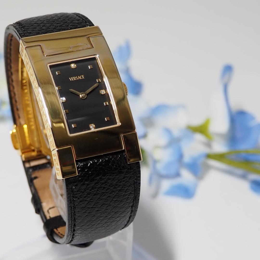ヴェルサーチ 革ベルト 4Pダイヤ スクエア メンズ 腕時計 ゴールド F123