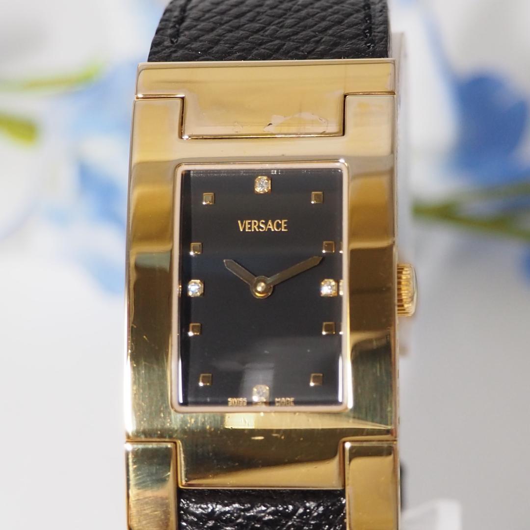 ヴェルサーチ 革ベルト 4Pダイヤ スクエア メンズ 腕時計 ゴールド F123